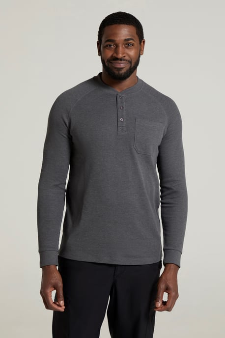 'Selby' Men's Waffle Henley Tee with Button Fastenings Long Sleeve Top Charcoal - Image 1