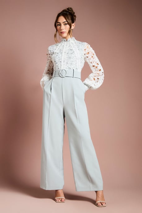 Organza Lace Belted Long Sleeve Jumpsuit - Image 1