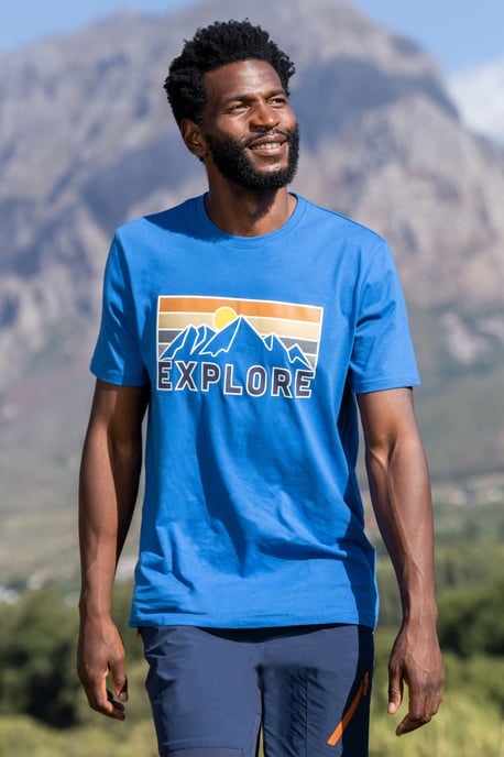 'Explore' Men's Graphic T-Shirt Sun Protection Breathable Everyday Tee Blue - Image 1