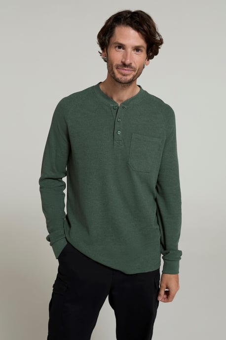 'Selby' Men's Waffle Henley Tee with Button Fastenings Long Sleeve Top Khaki - Image 1