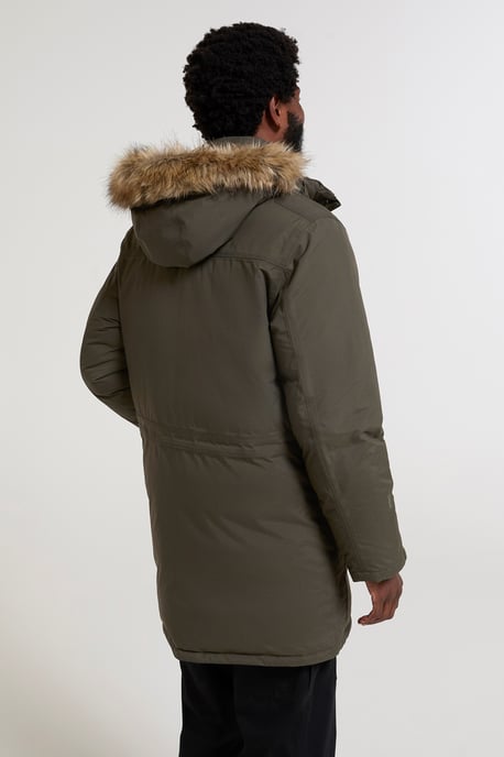 'Antarctic' Men's Extreme Down Jacket Faux Fur Hood Warm Full Zip Winter Coat Forest Green - Image 3