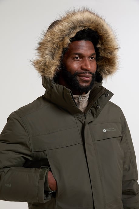 'Antarctic' Men's Extreme Down Jacket Faux Fur Hood Warm Full Zip Winter Coat Forest Green - Image 4