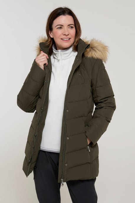'Isla II' Women's Down Jacket Water Resistant Faux Fur Hood Warm Winter Coat Forest Green - Image 2
