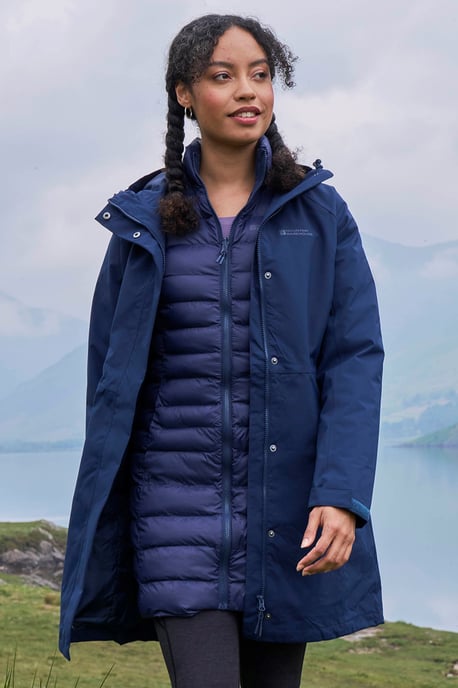 'Alaskan' Women's 3 In 1 Long Jacket with Adjustable Hood Waterproof Coat Navy - Image 1