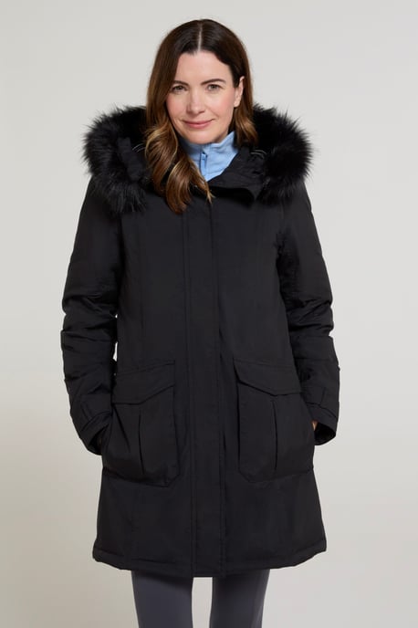 'Aurora' Women's Down Jacket Waterproof Faux Fur Hood Warm Full Zip Winter Coat Black - Image 2