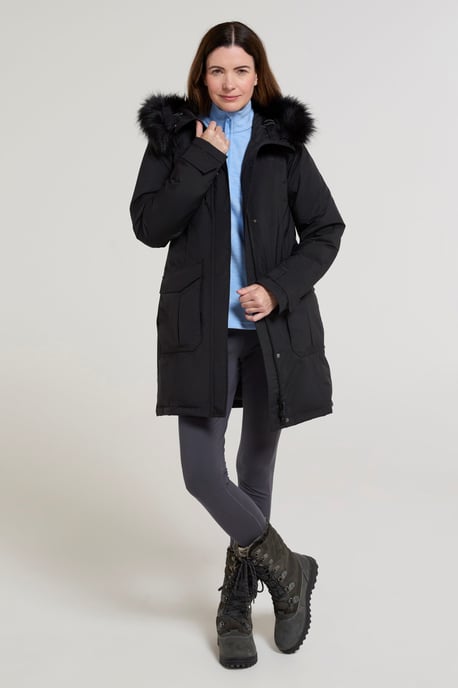 'Aurora' Women's Down Jacket Waterproof Faux Fur Hood Warm Full Zip Winter Coat Black - Image 3