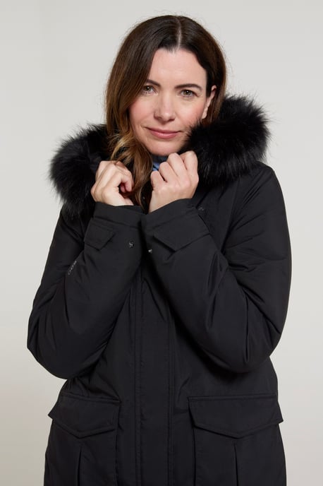 'Aurora' Women's Down Jacket Waterproof Faux Fur Hood Warm Full Zip Winter Coat Black - Image 5