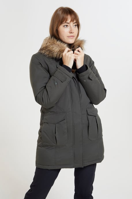 'Aurora' Women's Down Jacket Waterproof Faux Fur Hood Warm Full Zip Winter Coat Khaki - Image 2