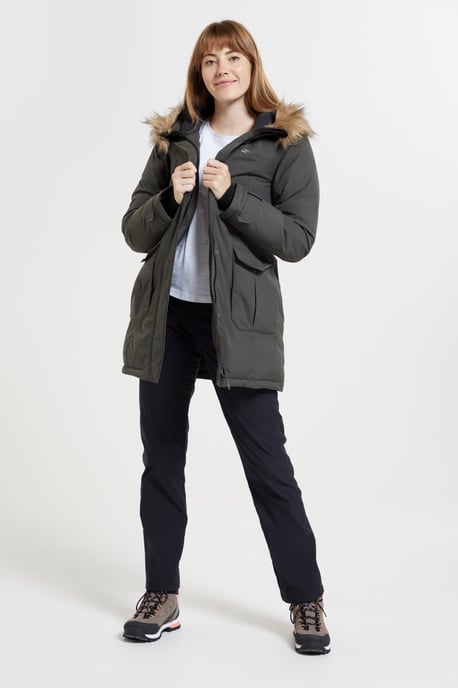 'Aurora' Women's Down Jacket Waterproof Faux Fur Hood Warm Full Zip Winter Coat Khaki - Image 3