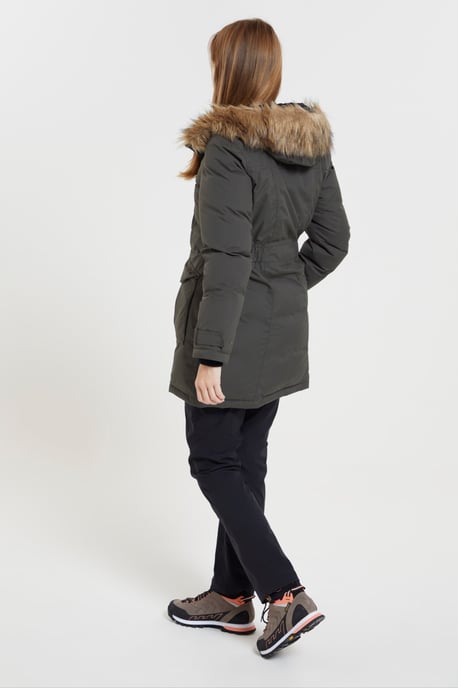 'Aurora' Women's Down Jacket Waterproof Faux Fur Hood Warm Full Zip Winter Coat Khaki - Image 4