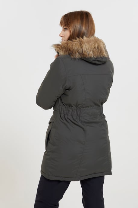 'Aurora' Women's Down Jacket Waterproof Faux Fur Hood Warm Full Zip Winter Coat Khaki - Image 5