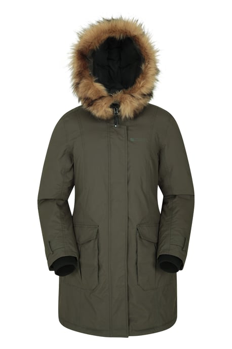 'Aurora' Women's Down Jacket Waterproof Faux Fur Hood Warm Full Zip Winter Coat Khaki - Image 6