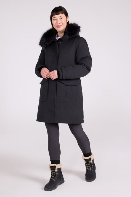 'Aurora' Women's Down Jacket Waterproof Faux Fur Hood Warm Full Zip Winter Coat Black - Image 2