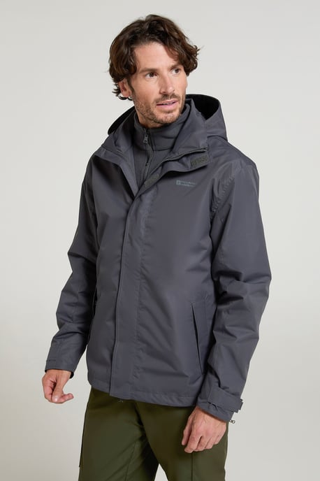 'Fell' Men's 3 in 1 Water Resistant Jacket Adjustable Hood Full Zip Winter Coat Grey - Image 1