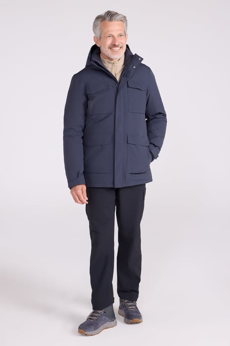 'Concord' Men's Extreme Down Jacket Waterproof Hooded Full Zip Long Winter Coat Blue - Image 3