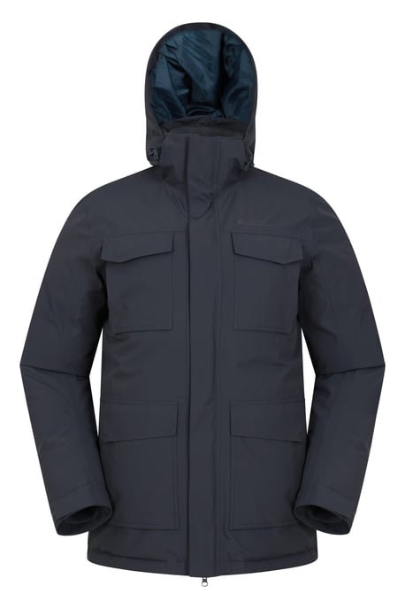 'Concord' Men's Extreme Down Jacket Waterproof Hooded Full Zip Long Winter Coat Blue - Image 6