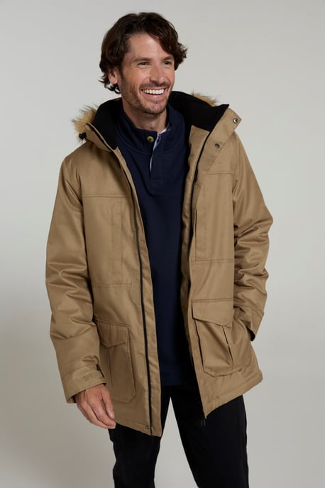 'Gorge' Men's Long Jacket Waterproof Breathable Warm Comfy Coat Stone - Image 2