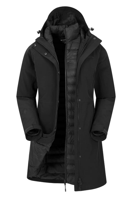 'Alaskan' Women's 3 In 1 Long Jacket with Adjustable Hood Waterproof Coat Black - Image 3