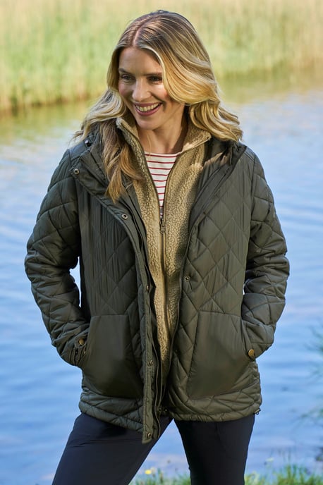 'Nebraskan' Women's Borg Gilet Warm Hooded Water Resistant Winter 3 In 1 Jacket Khaki - Image 1