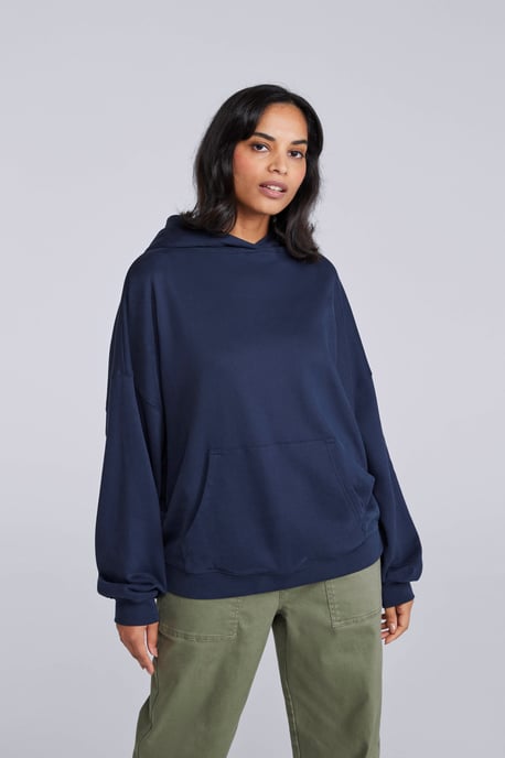 'Idol' Women's Logo Drop Shoulder Hoodie with Kangaroo Pocket Warm Sweatshirt Dark Blue - Image 1