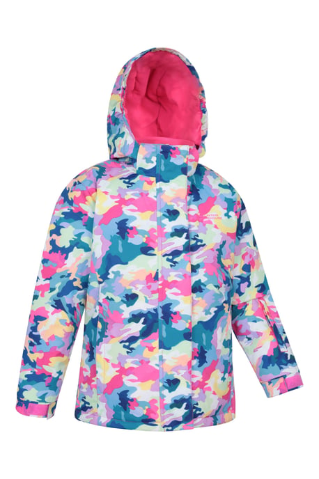 'Snowdrop' Kids Printed Ski Jacket with Detachable Hood Snow Proof Pink - Image 2