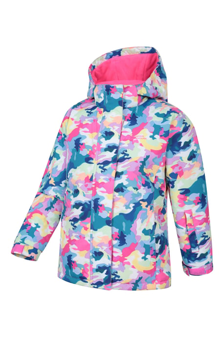 'Snowdrop' Kids Printed Ski Jacket with Detachable Hood Snow Proof Pink - Image 4