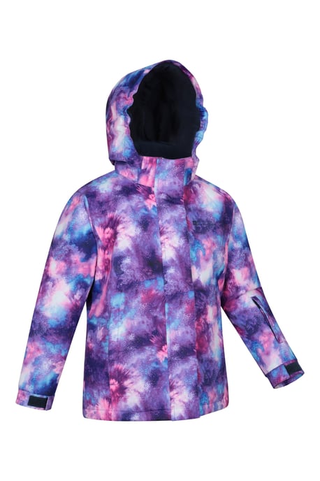 'Snowdrop' Kids Printed Ski Jacket with Detachable Hood Snow Proof Purple - Image 2