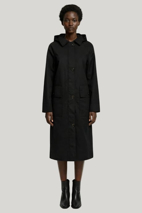 Elle Waxed Cotton Long Coat in Black - Image 1