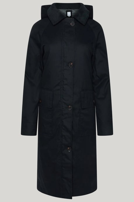 Elle Waxed Cotton Long Coat in Black - Image 2