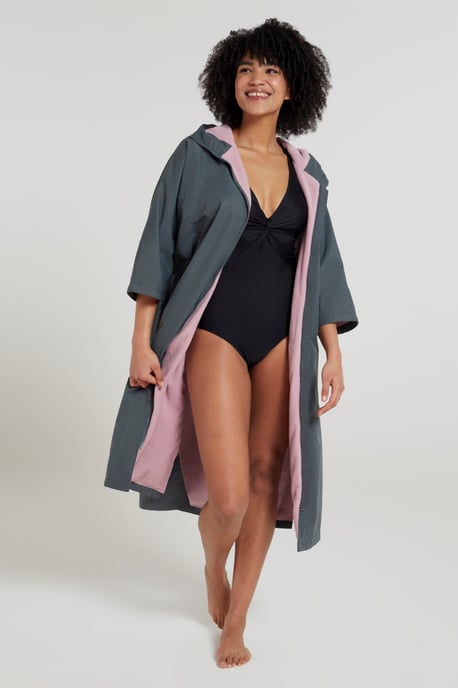 'Coastline' Women's Water Resistant Changing Robe Fleece Lined Hood Surf Poncho Khaki - Image 3