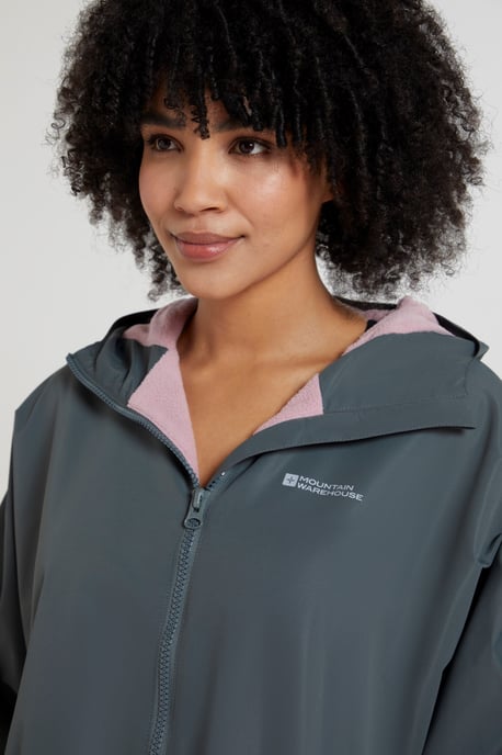 'Coastline' Women's Water Resistant Changing Robe Fleece Lined Hood Surf Poncho Khaki - Image 4