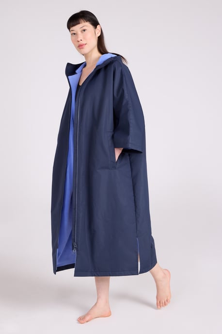 'Coastline' Women's Water Resistant Changing Robe Fleece Lined Hood Surf Poncho Navy - Image 2