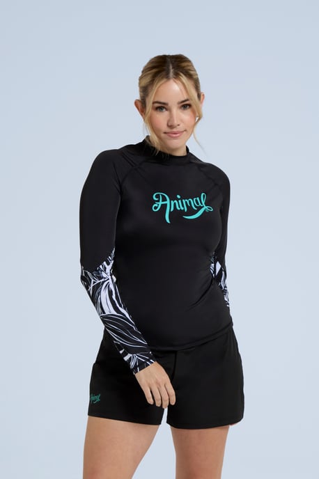 'Lillie' Women's Printed Panel Rash Vest Sun Protection Quick Dry Summer Swimwear Black - Image 2
