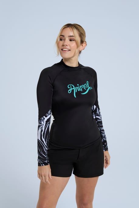 'Lillie' Women's Printed Panel Rash Vest Sun Protection Quick Dry Summer Swimwear Black - Image 3