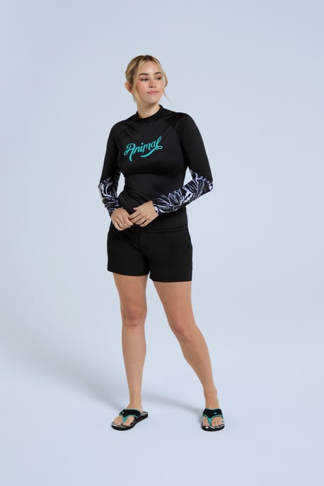 'Lillie' Women's Printed Panel Rash Vest Sun Protection Quick Dry Summer Swimwear Black - Image 5