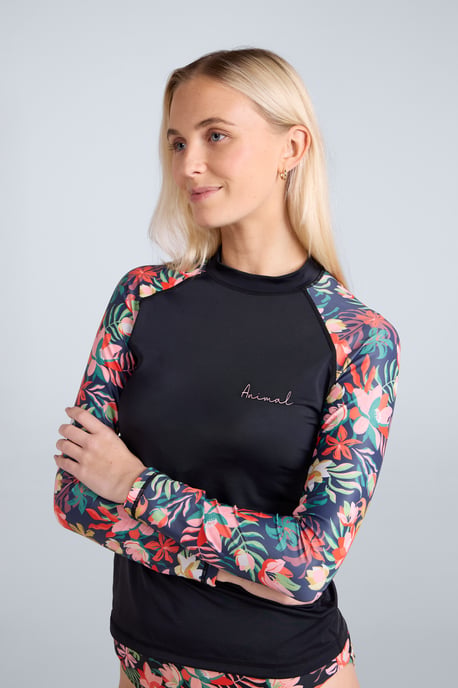 'Lillie' Women's Printed Panel Rash Vest Sun Protection Quick Dry Summer Swimwear Black - Image 5