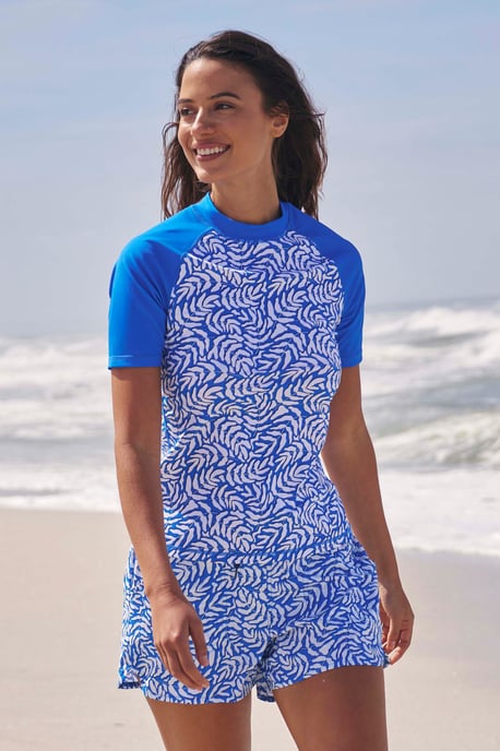 Women's Patterned Rash Vest Sun Protection Quick Dry Stretchy Swimwear Medium Blue - Image 1