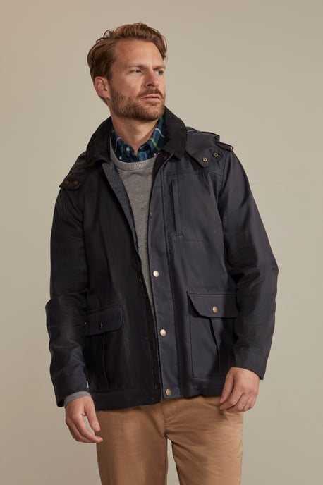'Darlington' Men's Hooded Jacket with Detachable Hood Waxed Cotton Windproof Coat Navy - Image 3