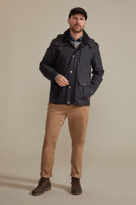 'Darlington' Men's Hooded Jacket with Detachable Hood Waxed Cotton Windproof Coat Navy - Image 4
