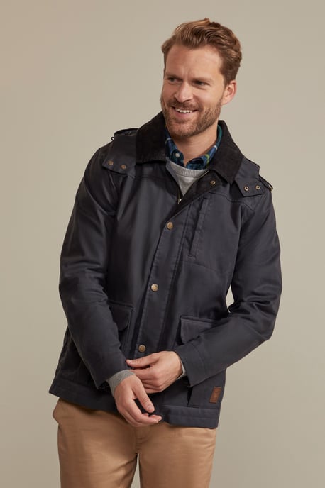 'Darlington' Men's Hooded Jacket with Detachable Hood Waxed Cotton Windproof Coat Navy - Image 6