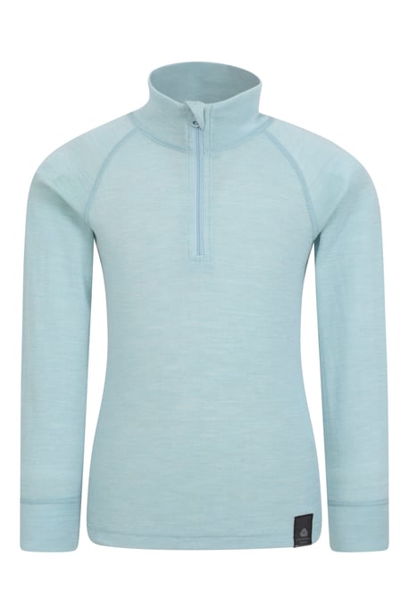 Kids Merino Top Zip Neck Quick Wicking Skiing Base Layer Tee Pale Blue - Image 1