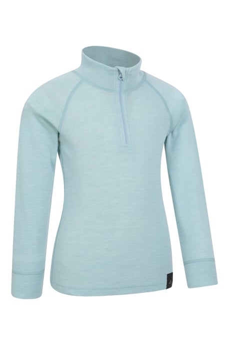 Kids Merino Top Zip Neck Quick Wicking Skiing Base Layer Tee Pale Blue - Image 2