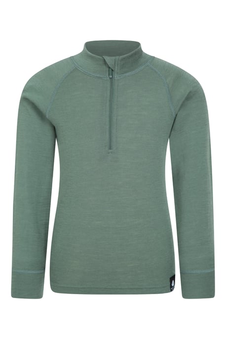 Kids Merino Top Zip Neck Quick Wicking Skiing Base Layer Tee Khaki - Image 1