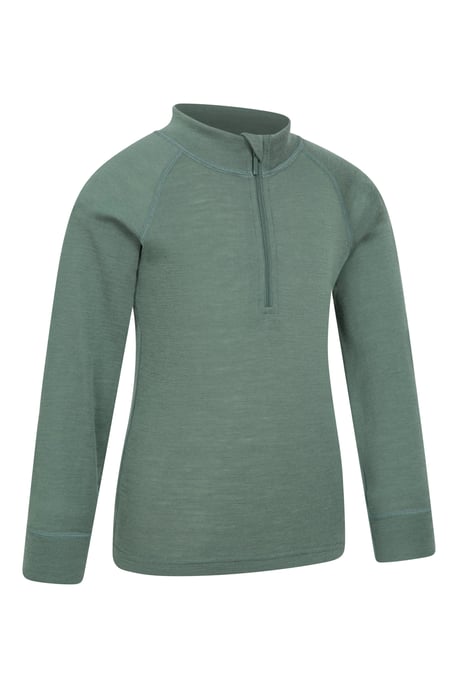 Kids Merino Top Zip Neck Quick Wicking Skiing Base Layer Tee Khaki - Image 2