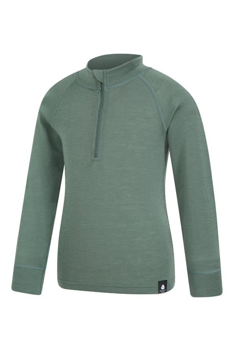 Kids Merino Top Zip Neck Quick Wicking Skiing Base Layer Tee Khaki - Image 3