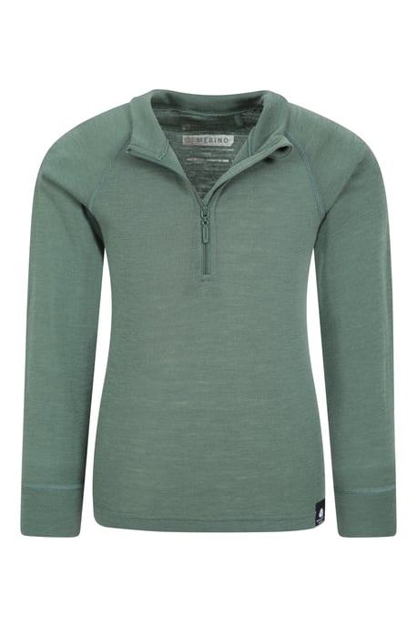 Kids Merino Top Zip Neck Quick Wicking Skiing Base Layer Tee Khaki - Image 4