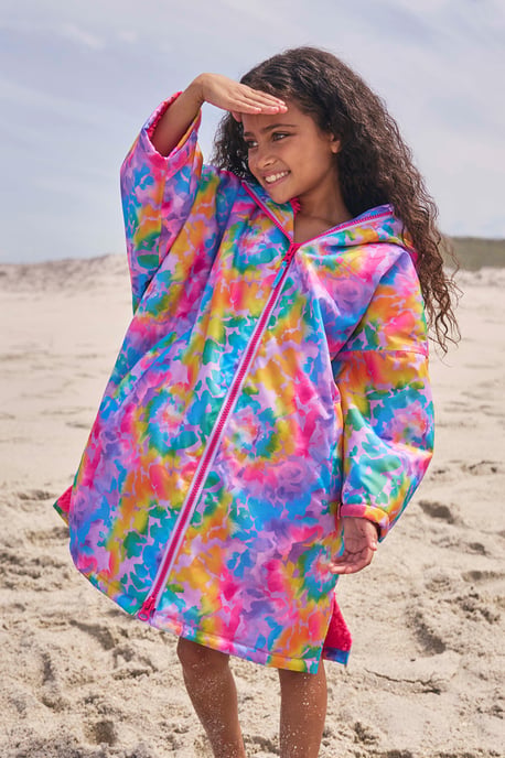 'Tidal' Kids Printed Waterproof Changing Robe Windproof Soft Hooded Surf Poncho Medium Blue - Image 1