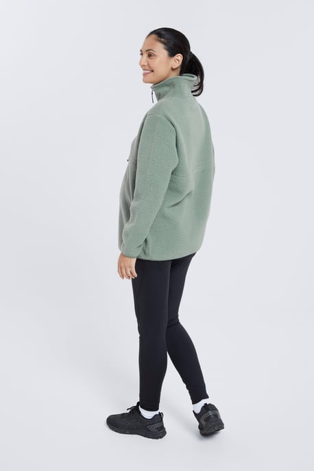 Women's Sherpa Fleece Lined Sweater Half Zip Cosy Warm Coat Khaki - Image 3