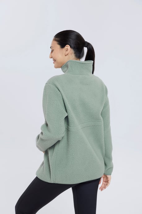 Women's Sherpa Fleece Lined Sweater Half Zip Cosy Warm Coat Khaki - Image 4