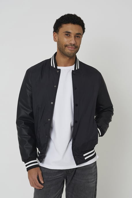Black Varsity Style Jacket With Pu Sleeves - Image 1